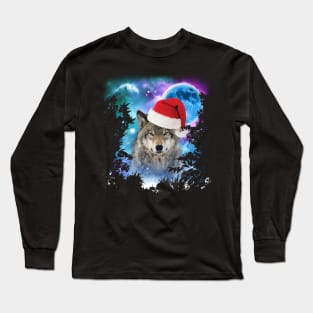Funny Gray Wolf Christmas - Santa Hat Wolves Outfit - Wolf Lover Long Sleeve T-Shirt
